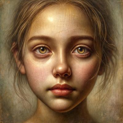 The primary subject of the image is a young girl with long hair. She is looking at the camera with a serious expression. The setting is a painting, and the visual style is a portrait. The colors and mood of the painting are warm and inviting, with the girl's eyes being the focal point of the image.